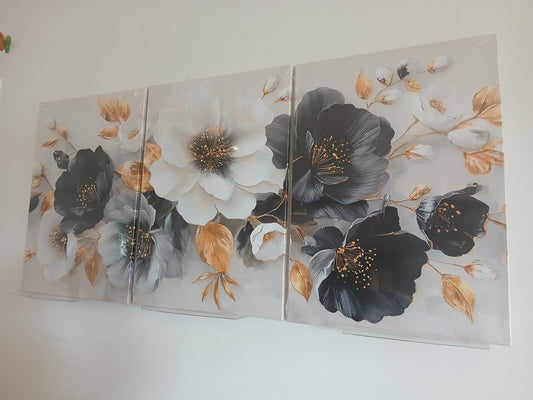 Black, White & Gold Floral Wall Art - 3pcs Set