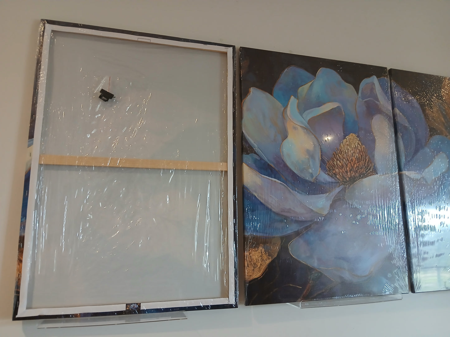 Stunning Blue Flower & Gold Leaf Canvas Print Wall Art Set
