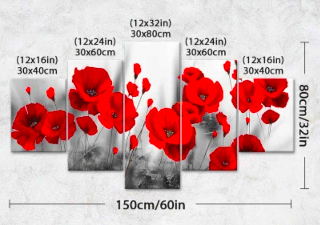 Set of 5 Vibrant Red Poppy Floral Canvas Wall Art