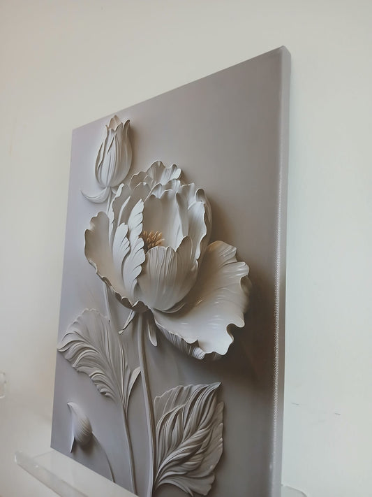 3D Textured Effect - White Floral Canvas Print Wall Art 1pc