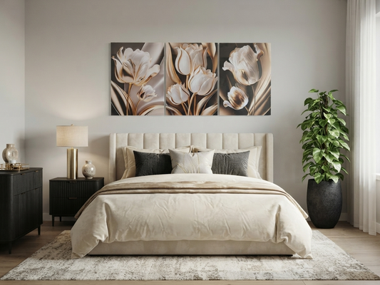 Black & Gold Classic Luxury Tulip Floral Canvas Wall Art Set