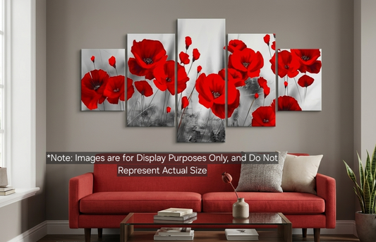 Set of 5 Vibrant Red Poppy Floral Canvas Wall Art
