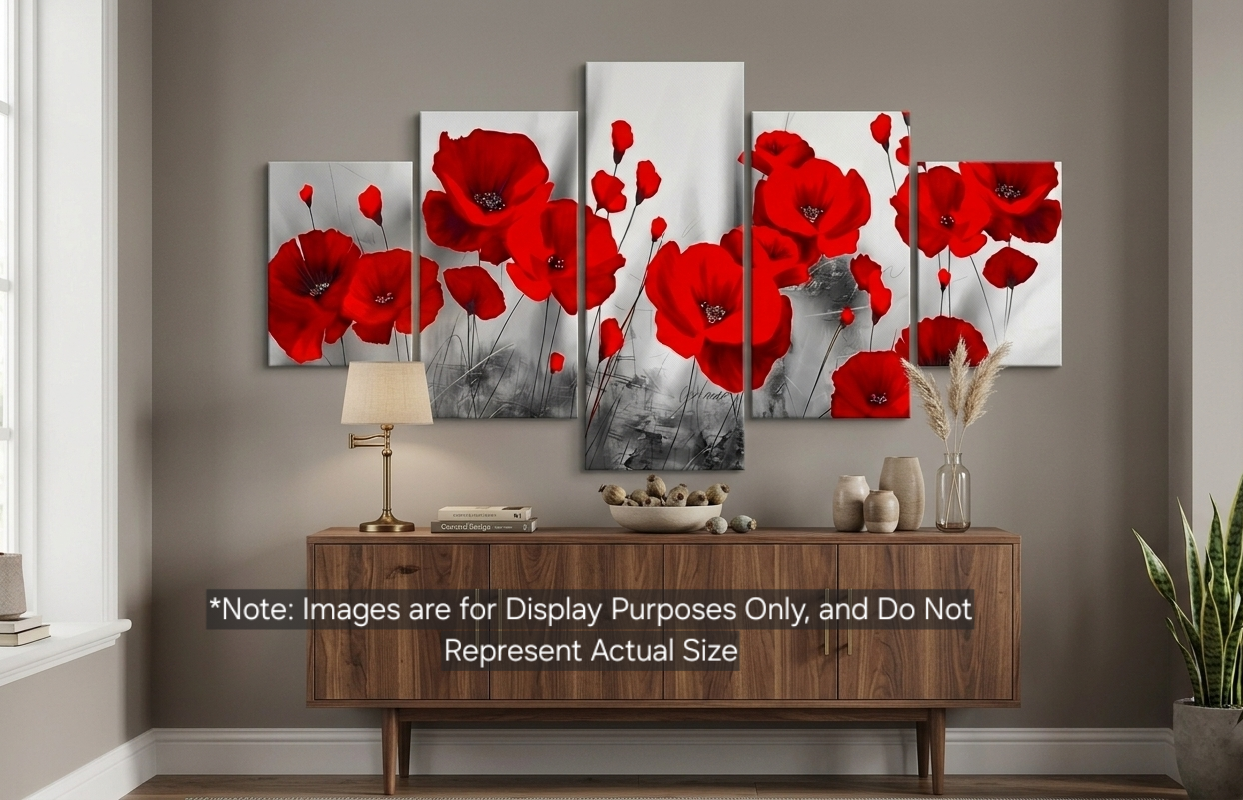 Set of 5 Vibrant Red Poppy Floral Canvas Wall Art