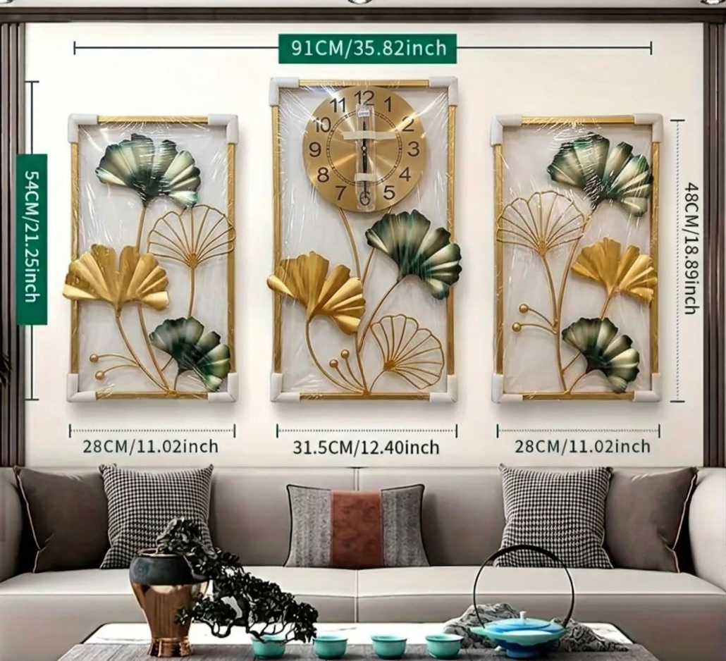 Metal Wall Clock & Ginkgo Leaf Wall Decoration Set – 3pcs Set