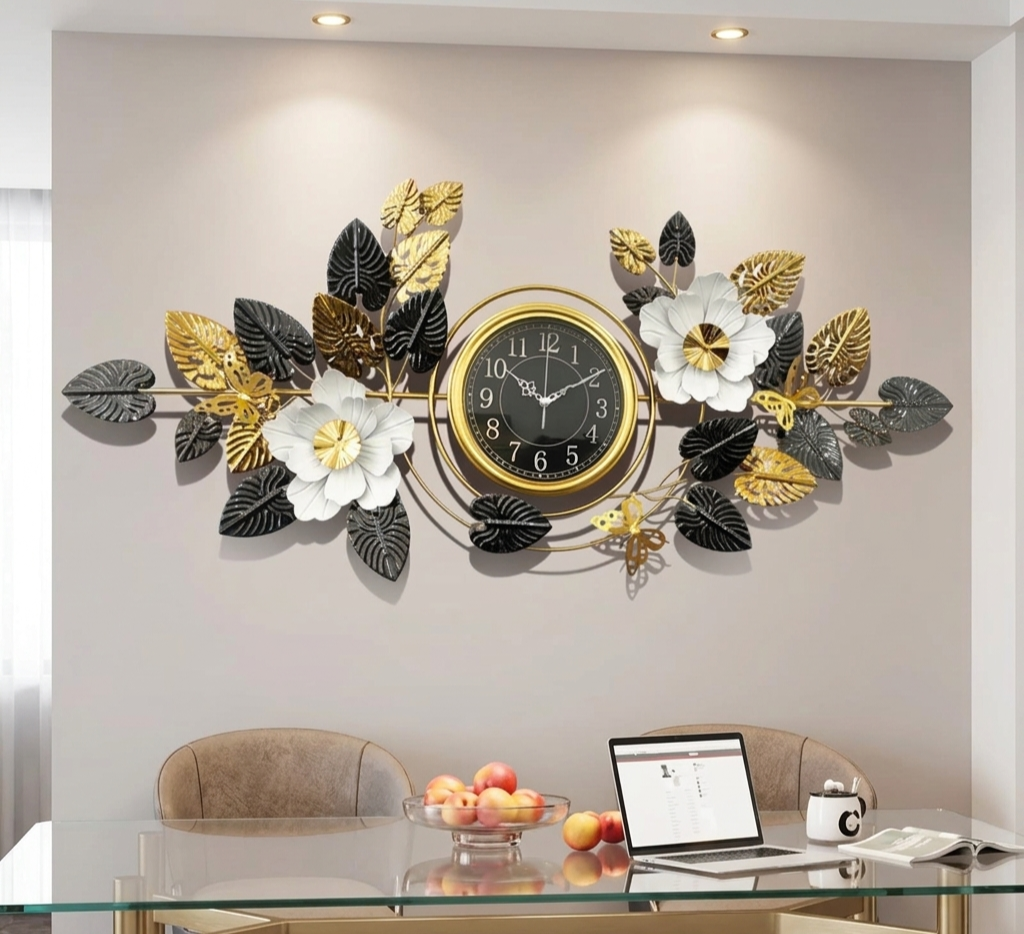 Modern Stainless Steel Wrought Iron Wall Clock – Black, White & Gold