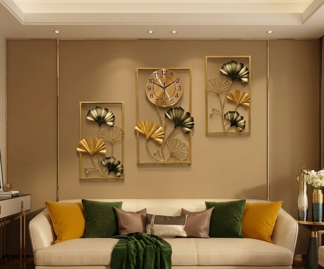 Metal Wall Clock & Ginkgo Leaf Wall Decoration Set – 3pcs Set