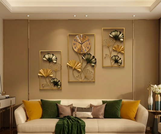 Metal Wall Clock & Ginkgo Leaf Wall Decoration Set – 3pcs Set