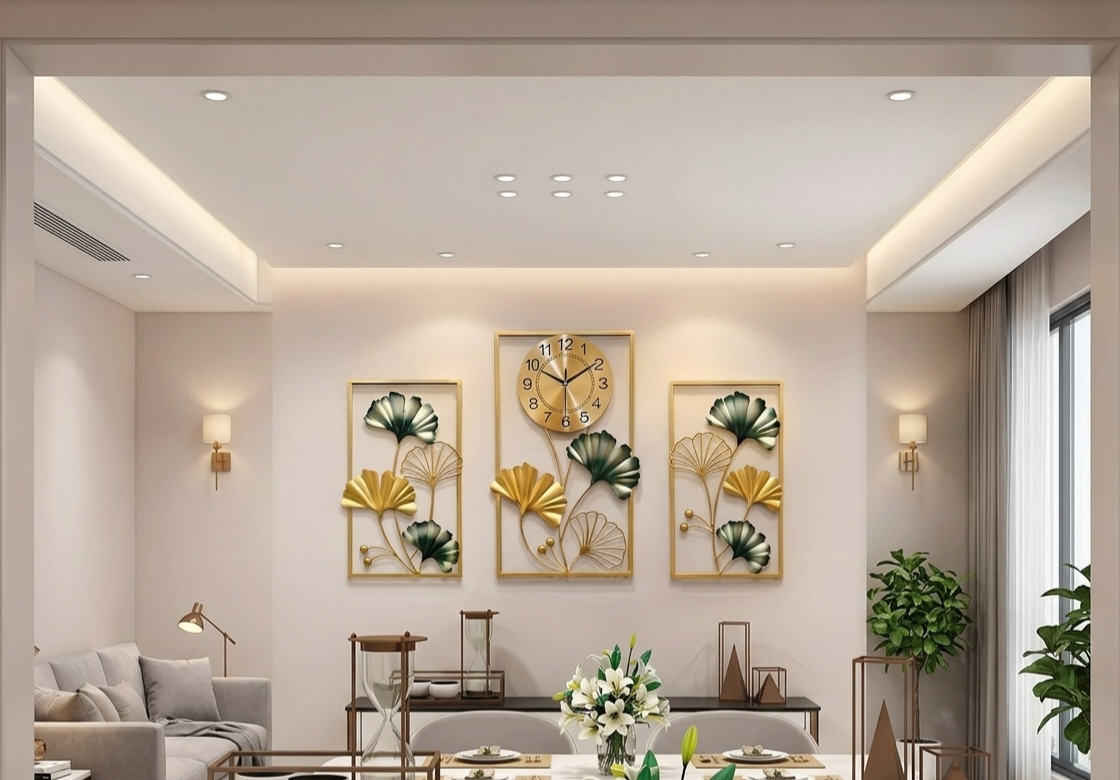 Metal Wall Clock & Ginkgo Leaf Wall Decoration Set – 3pcs Set