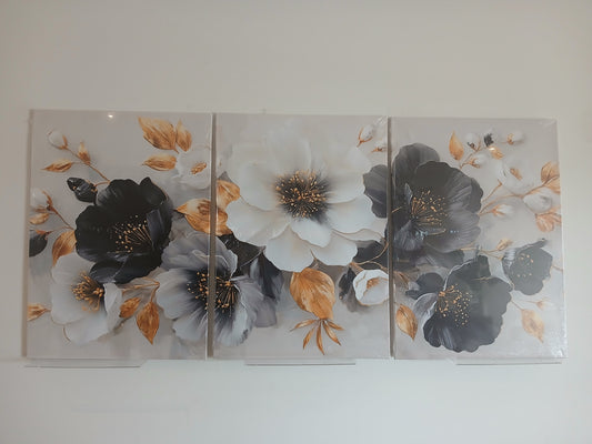 Black, White & Gold Floral Wall Art - 3pcs Set