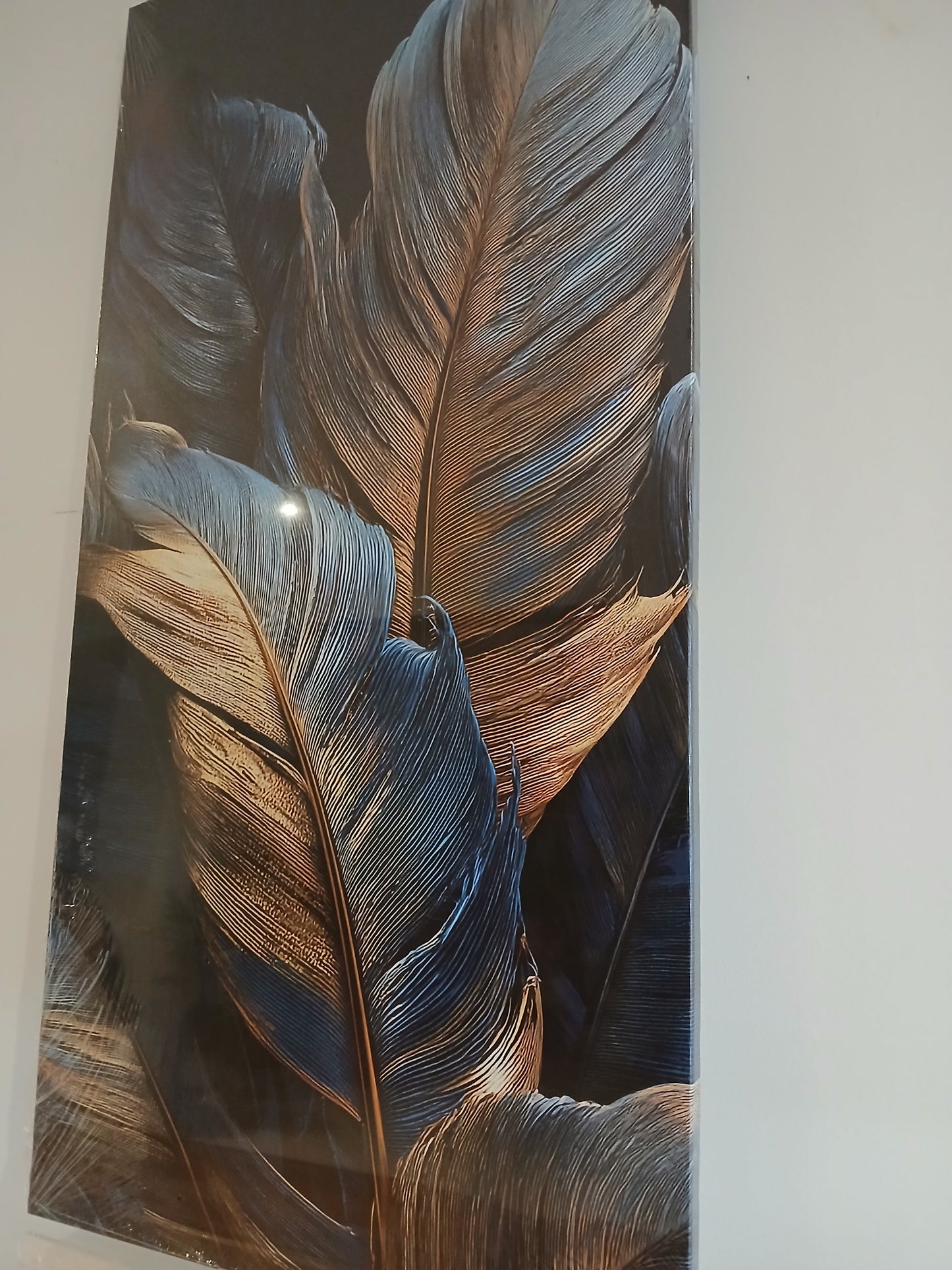 Elegant Blue & Gold Feather Canvas Print Wall Art - 1pc