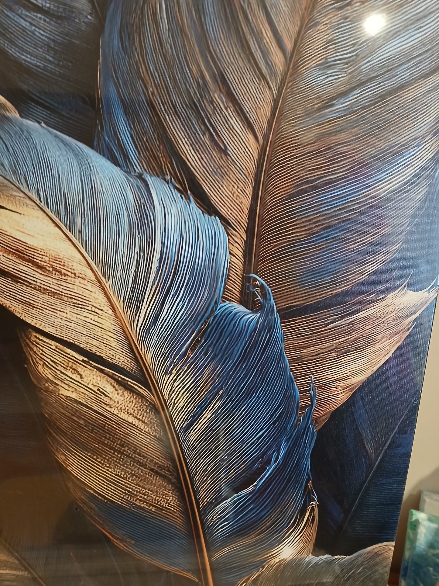 Elegant Blue & Gold Feather Canvas Print Wall Art - 1pc