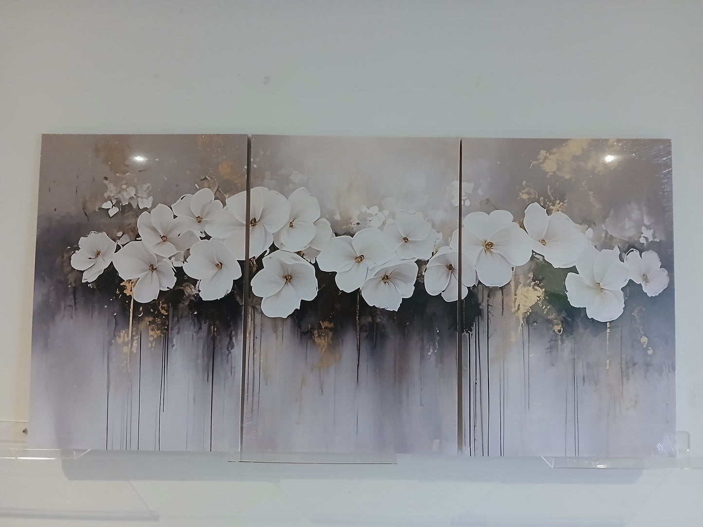 White Flower Canvas Wall Art Set – Grey & Gold Modern Framed Prints
