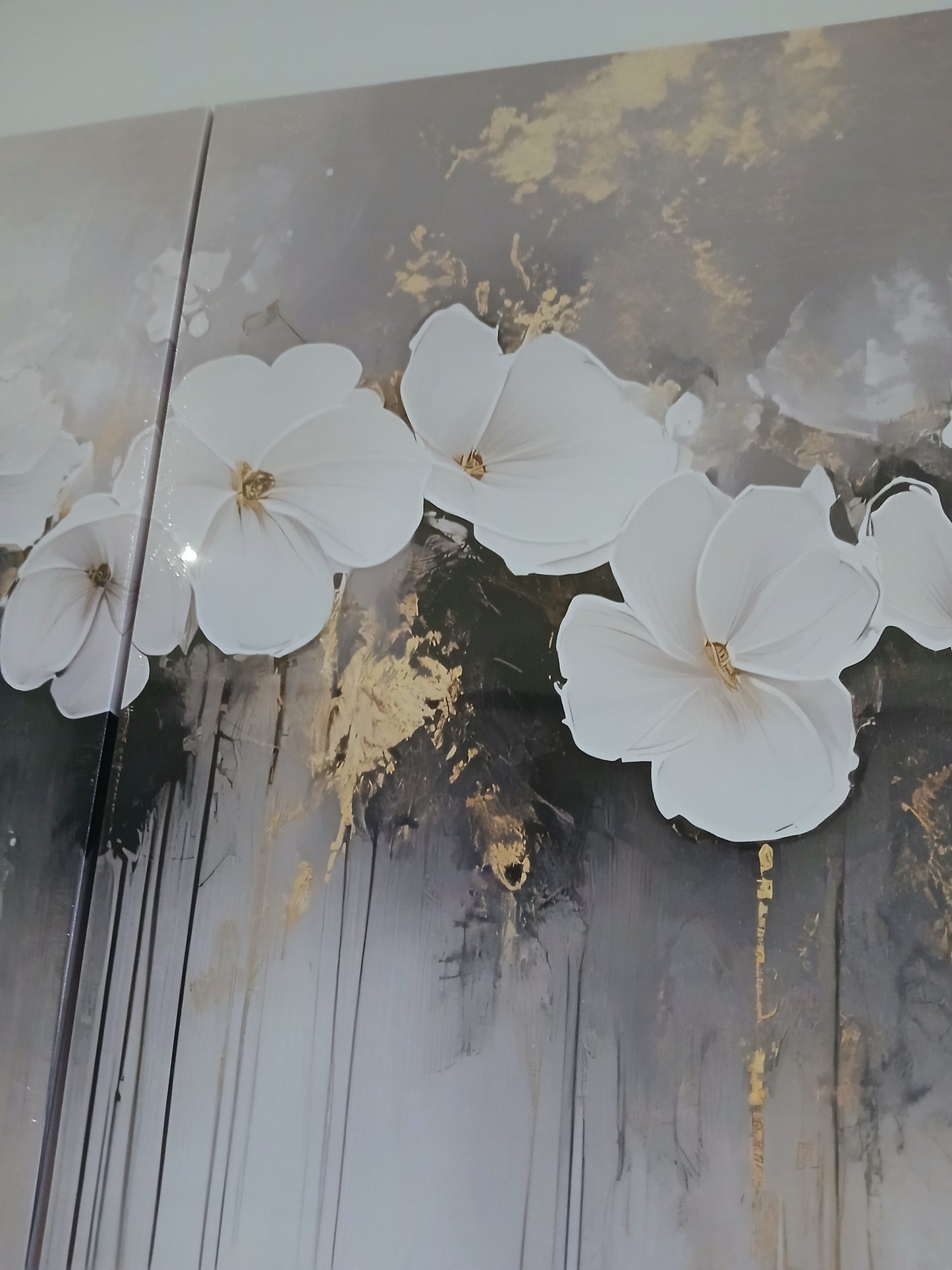 White Flower Canvas Wall Art Set – Grey & Gold Modern Framed Prints