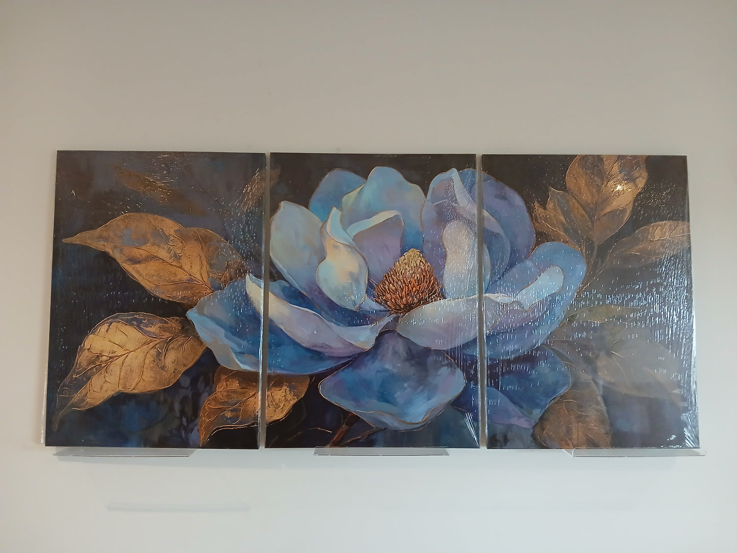 Stunning Blue Flower & Gold Leaf Canvas Print Wall Art Set