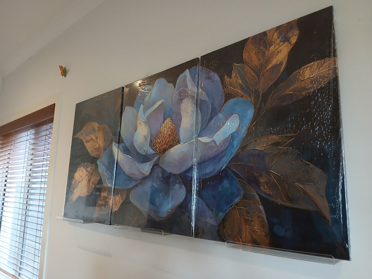 Stunning Blue Flower & Gold Leaf Canvas Print Wall Art Set