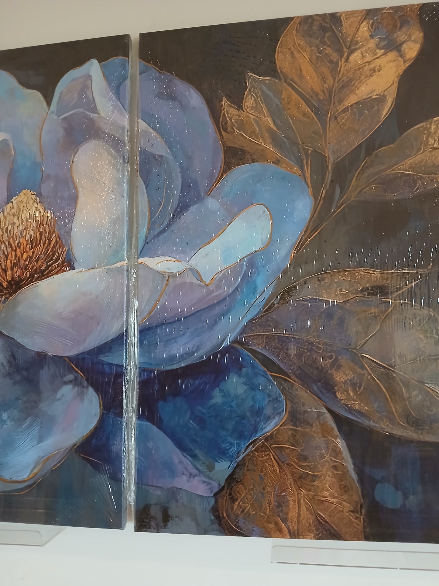 Stunning Blue Flower & Gold Leaf Canvas Print Wall Art Set