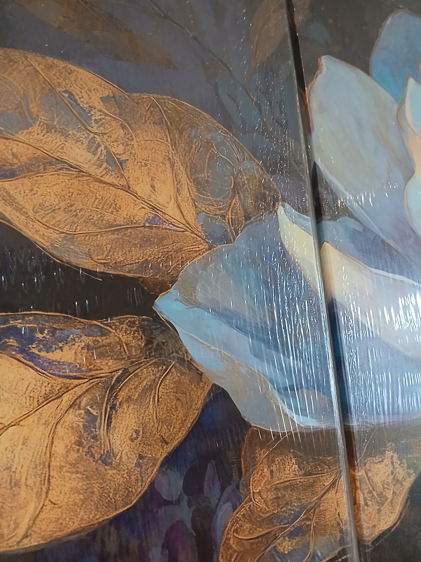 Stunning Blue Flower & Gold Leaf Canvas Print Wall Art Set