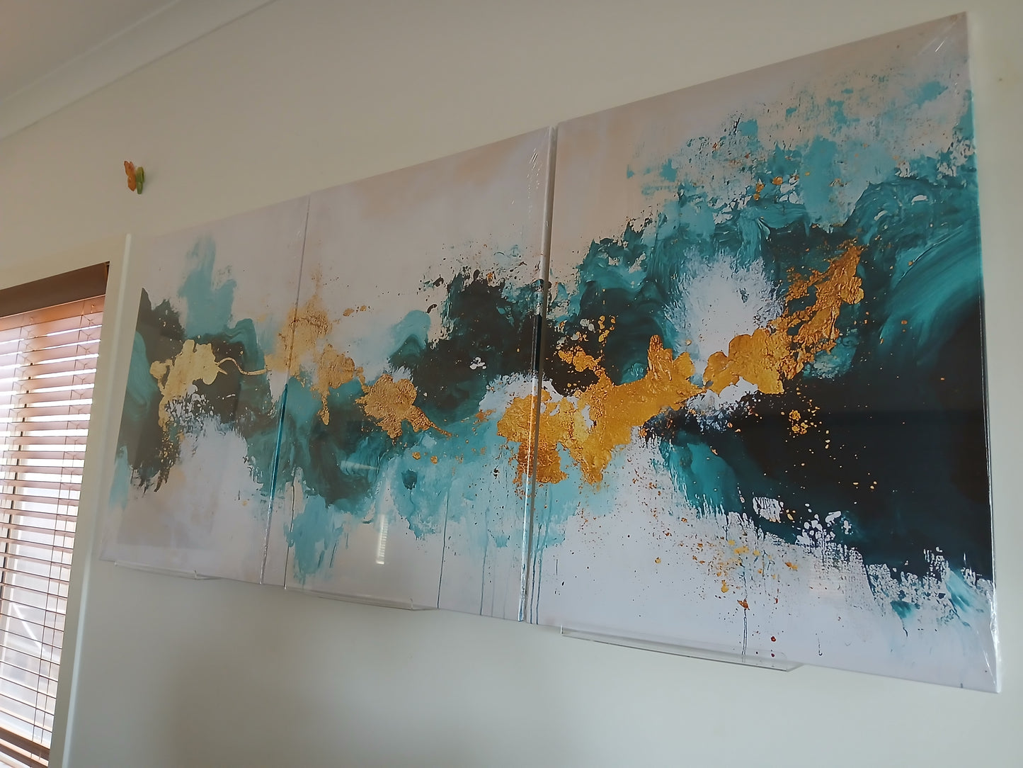 Coastal Abstract Teal & Gold Waves Canvas Print Wall Art