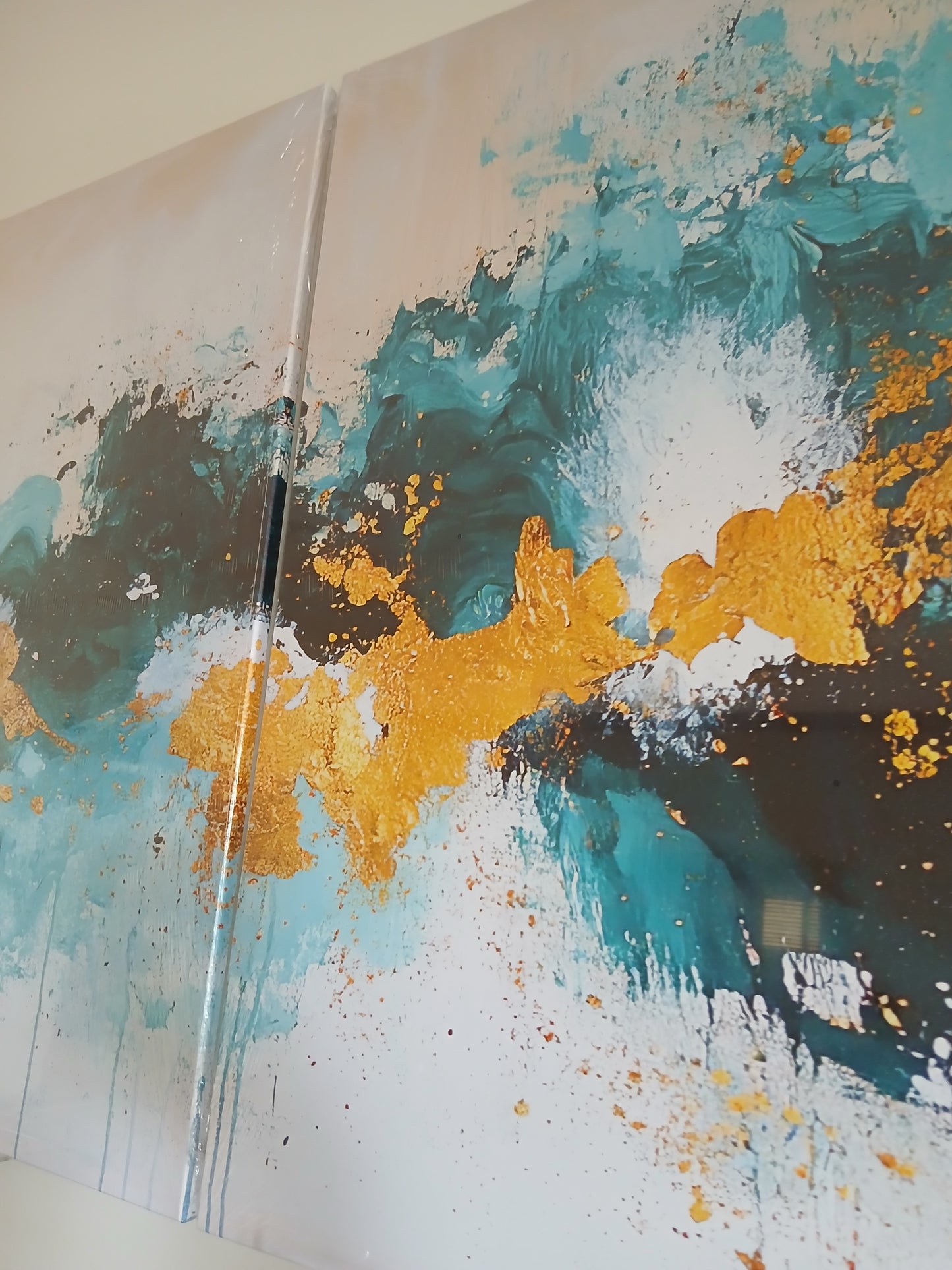 Coastal Abstract Teal & Gold Waves Canvas Print Wall Art