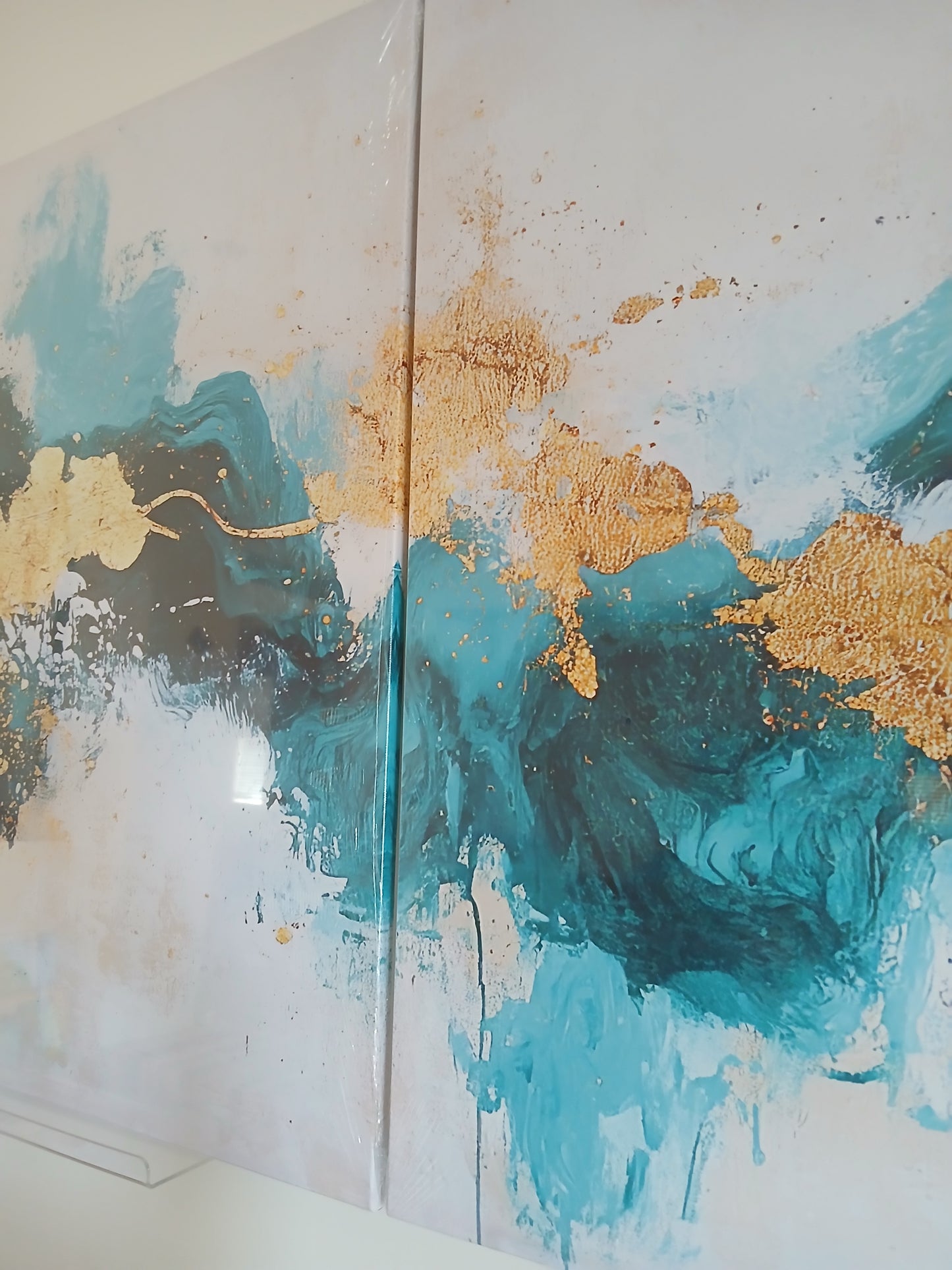 Coastal Abstract Teal & Gold Waves Canvas Print Wall Art