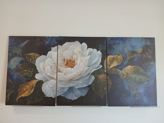 White Floral Canvas Wall Art with Gold Accents on Deep Blue Background