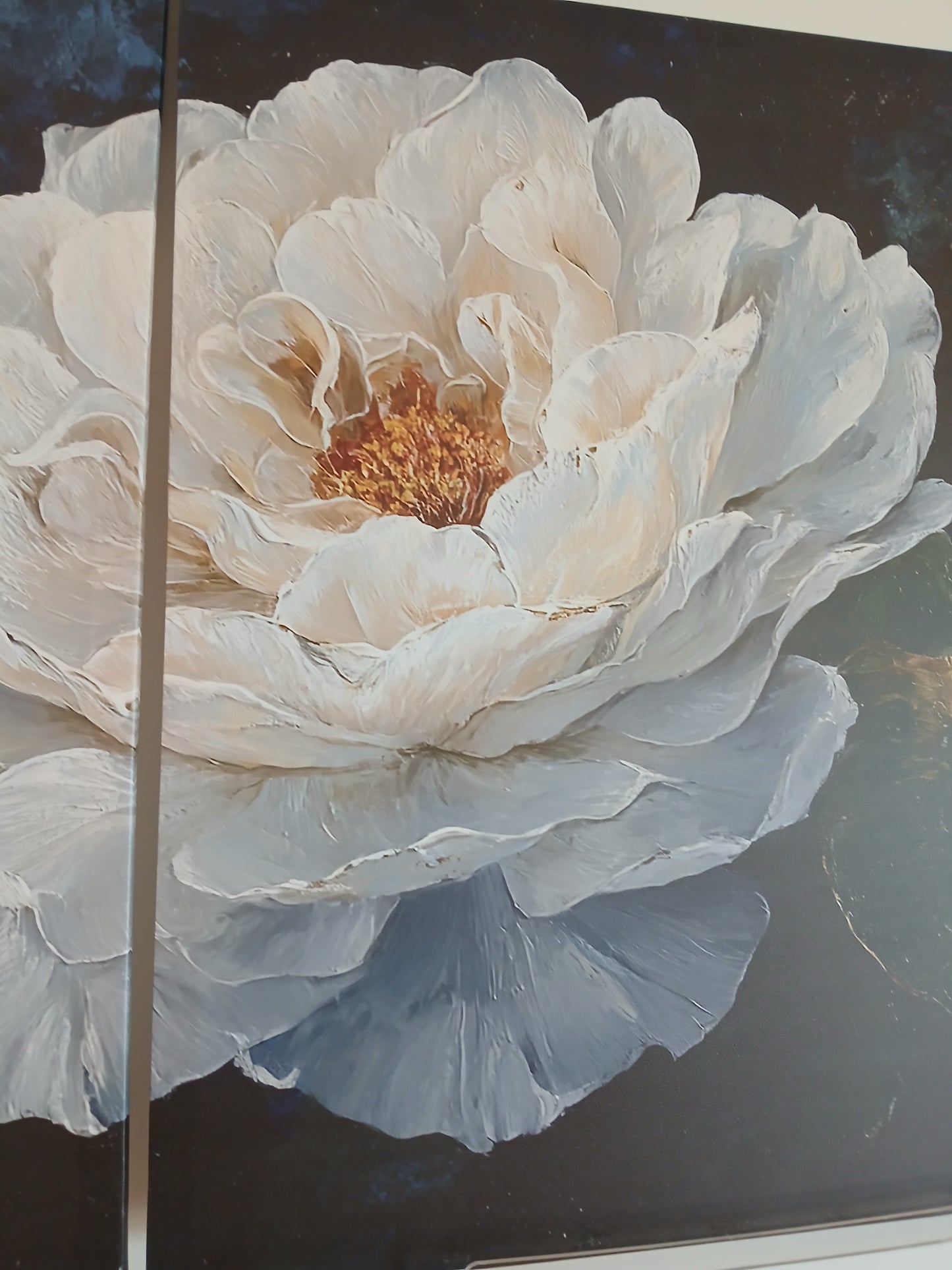 White Floral Canvas Wall Art with Gold Accents on Deep Blue Background