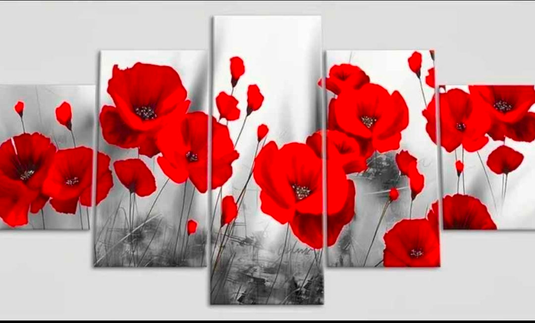 Set of 5 Vibrant Red Poppy Floral Canvas Wall Art