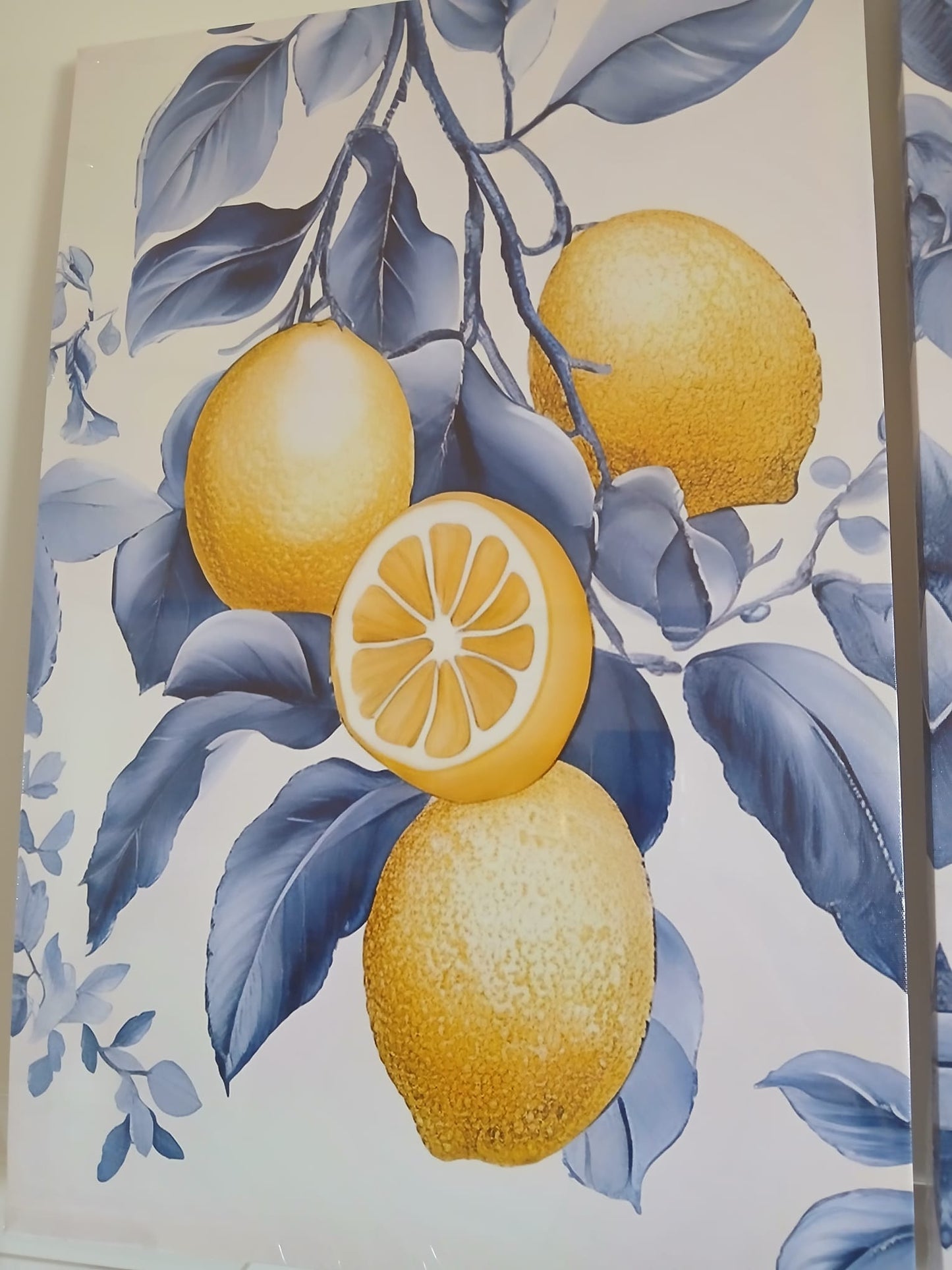 Vibrant Lemon & Blue Leaf Canvas Print Wall Art