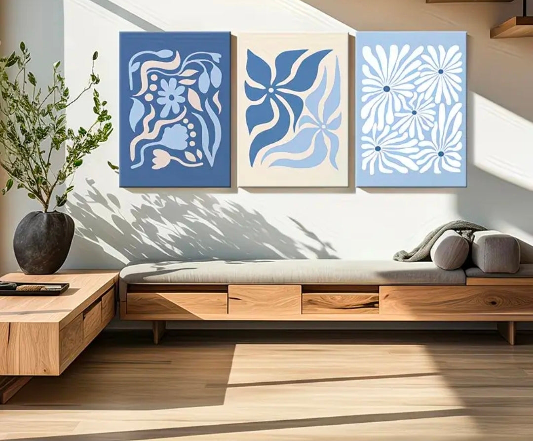 Blue, Beige and White Abstract Wall Art – Modern Canvas Décor Set