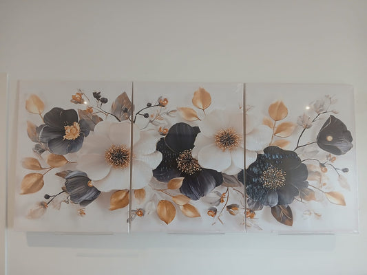 Sophisticated Monochrome Floral with Gold Highlights Wall Art Set