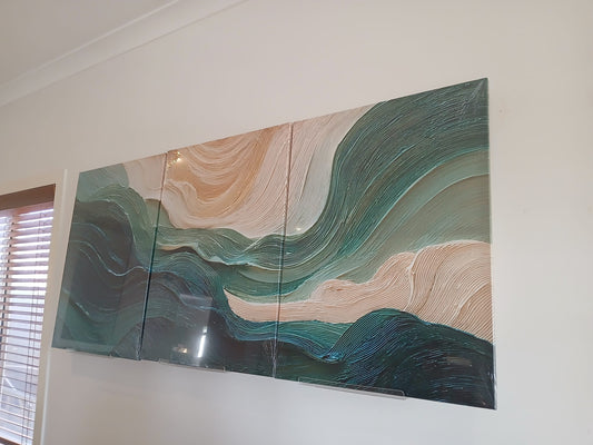 Teal Wave Abstract Canvas Print Wall Art Set