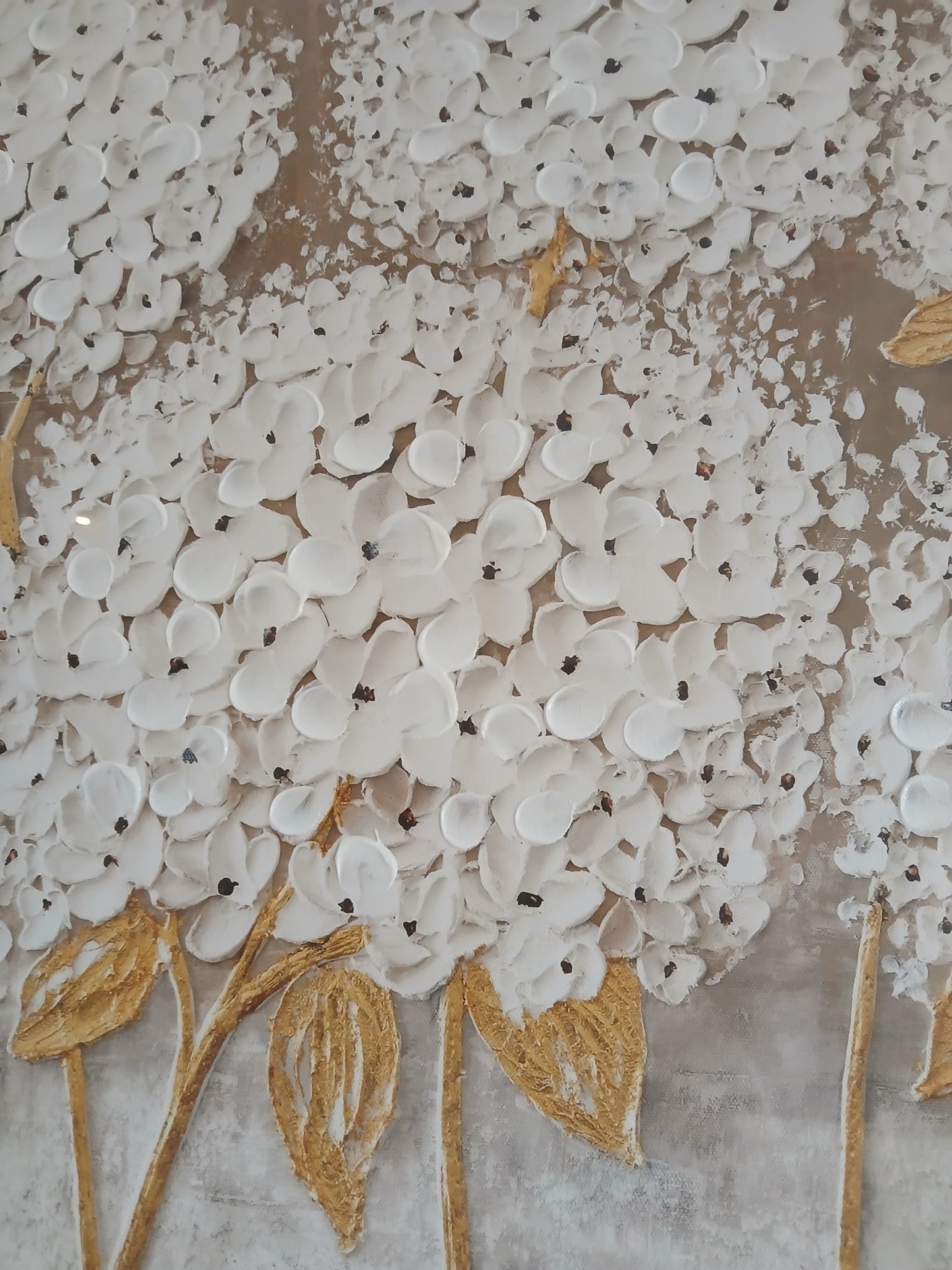 White Hydrangea Featuring Textured Raised Petals on a Printed Base