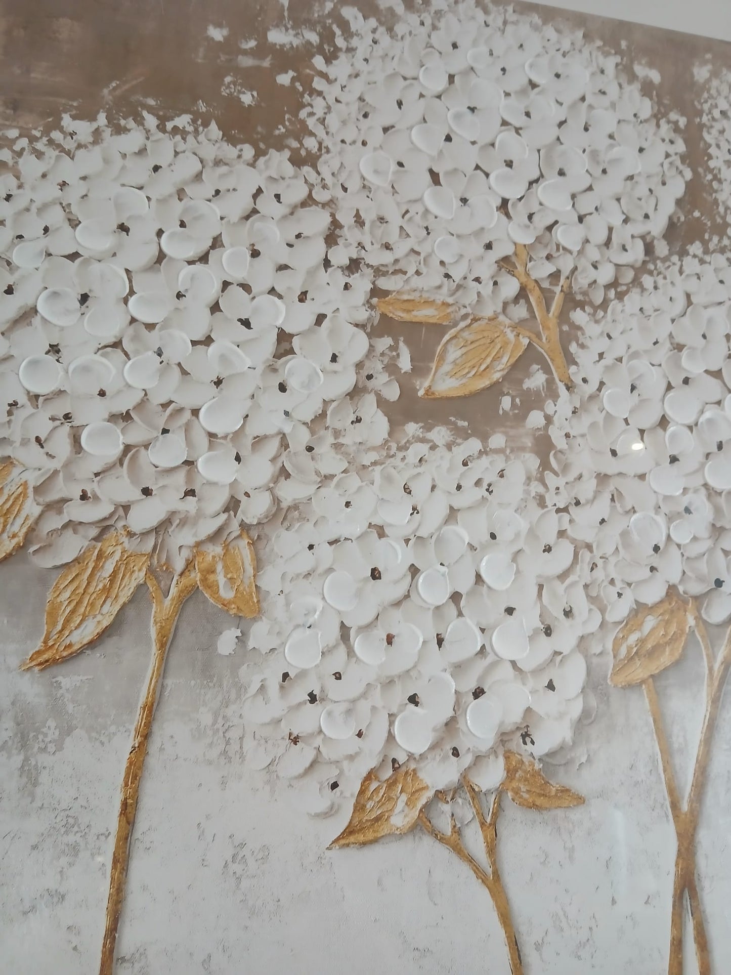 White Hydrangea Featuring Textured Raised Petals on a Printed Base