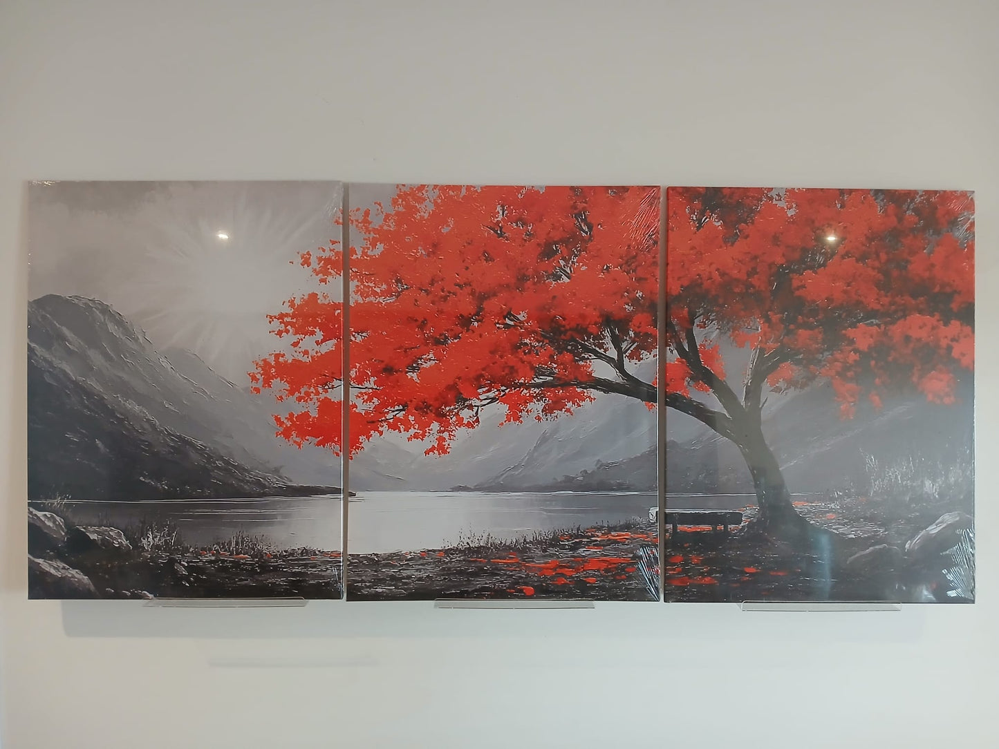 Retro-Inspired Monochrome Mountain Lake Canvas Print with Red Foliage