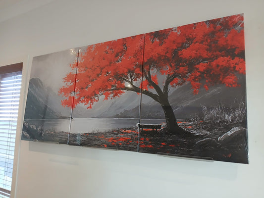 Retro-Inspired Monochrome Mountain Lake Canvas Print with Red Foliage