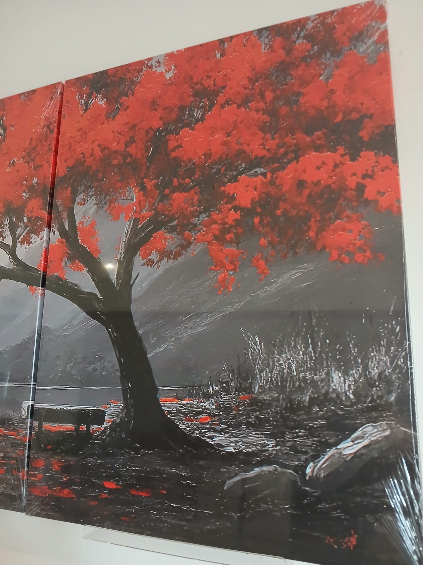 Retro-Inspired Monochrome Mountain Lake Canvas Print with Red Foliage