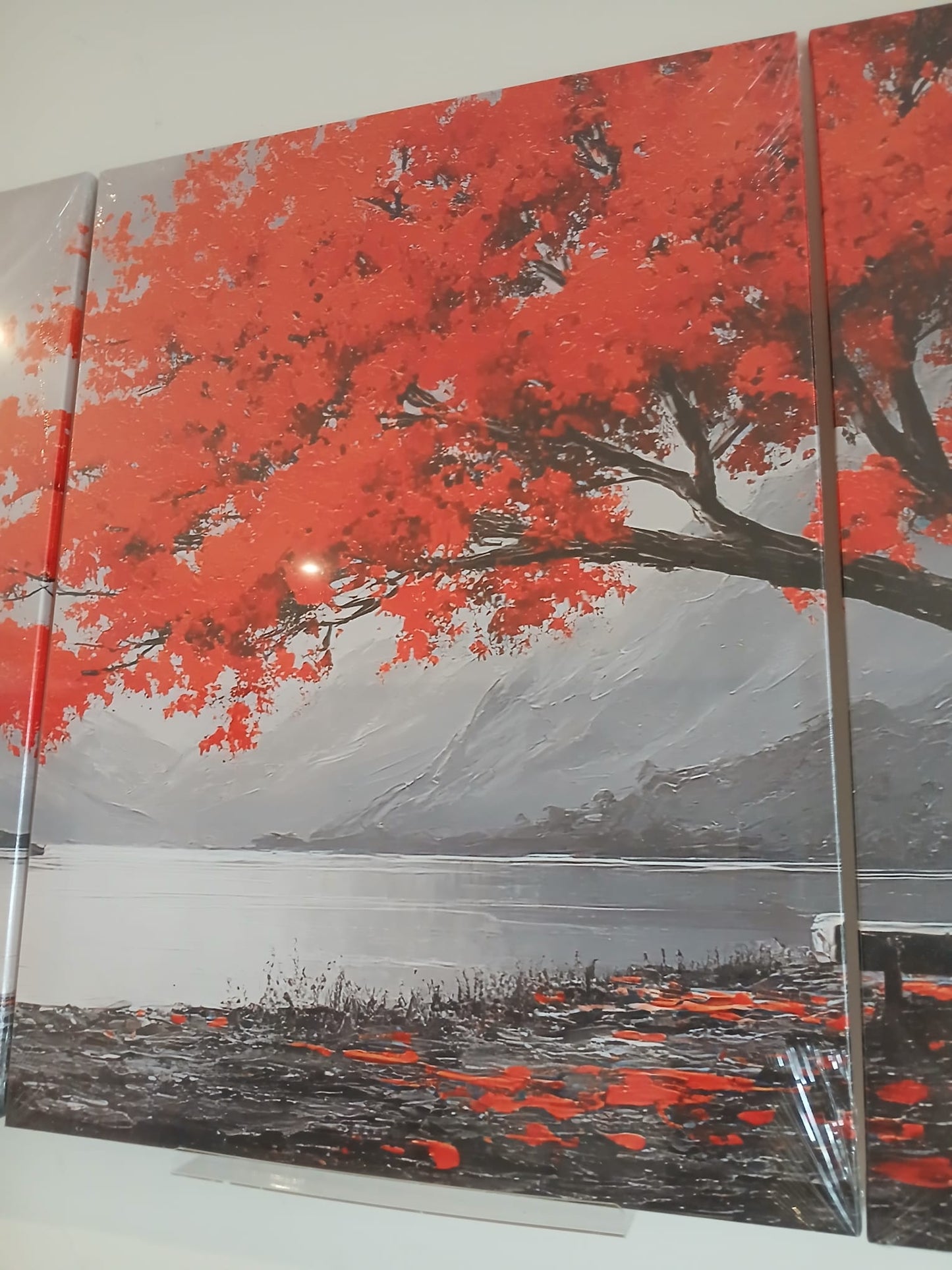 Retro-Inspired Monochrome Mountain Lake Canvas Print with Red Foliage