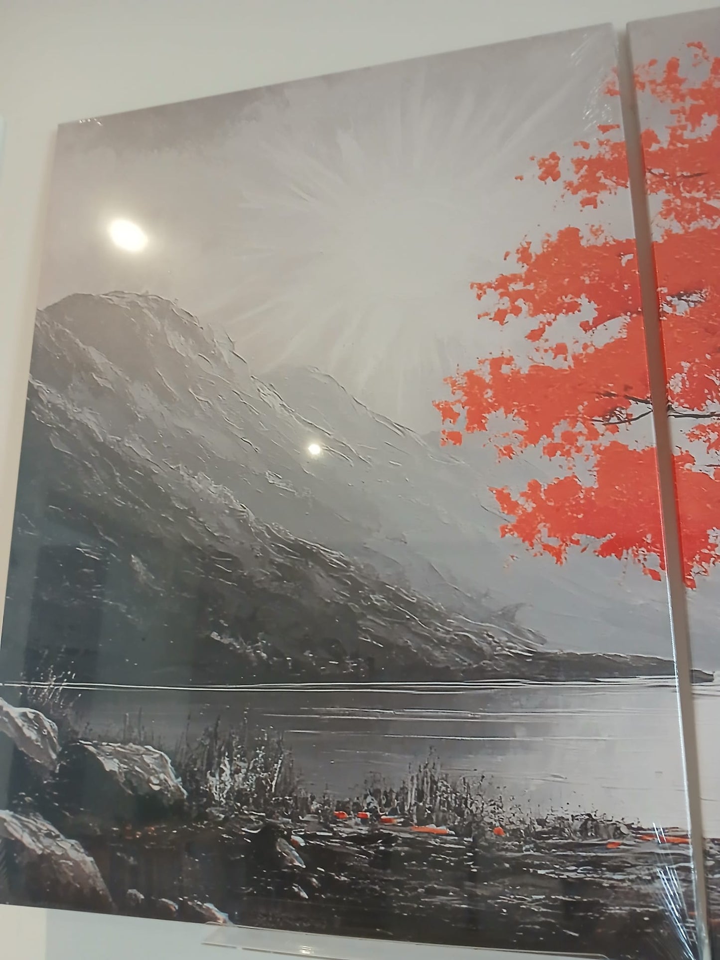 Retro-Inspired Monochrome Mountain Lake Canvas Print with Red Foliage