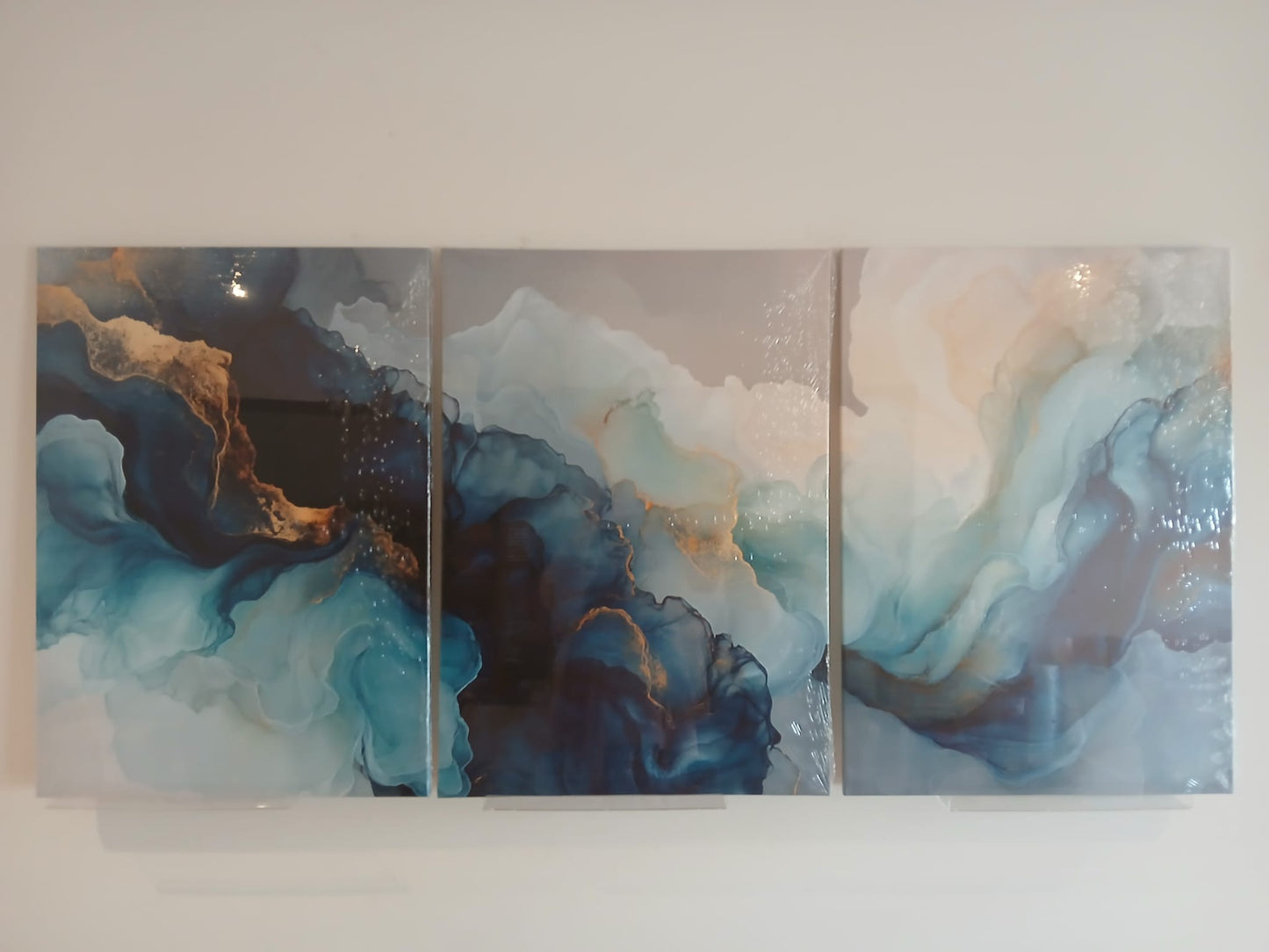Modern Blue Teal & Gold Abstract Canvas Print Wall Art Set