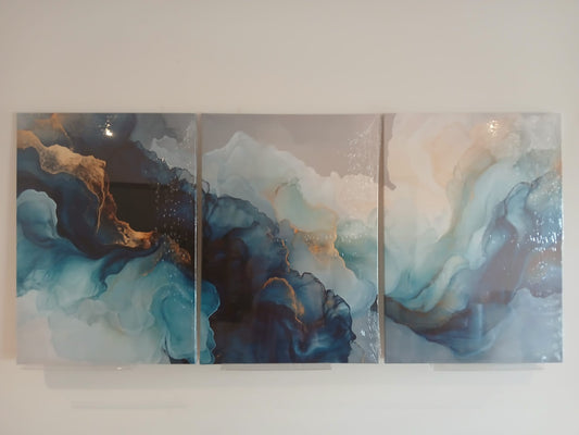 Modern Blue Teal & Gold Abstract Canvas Print Wall Art Set