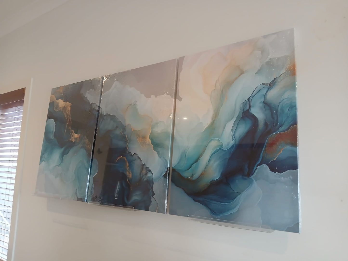 Modern Blue Teal & Gold Abstract Canvas Print Wall Art Set