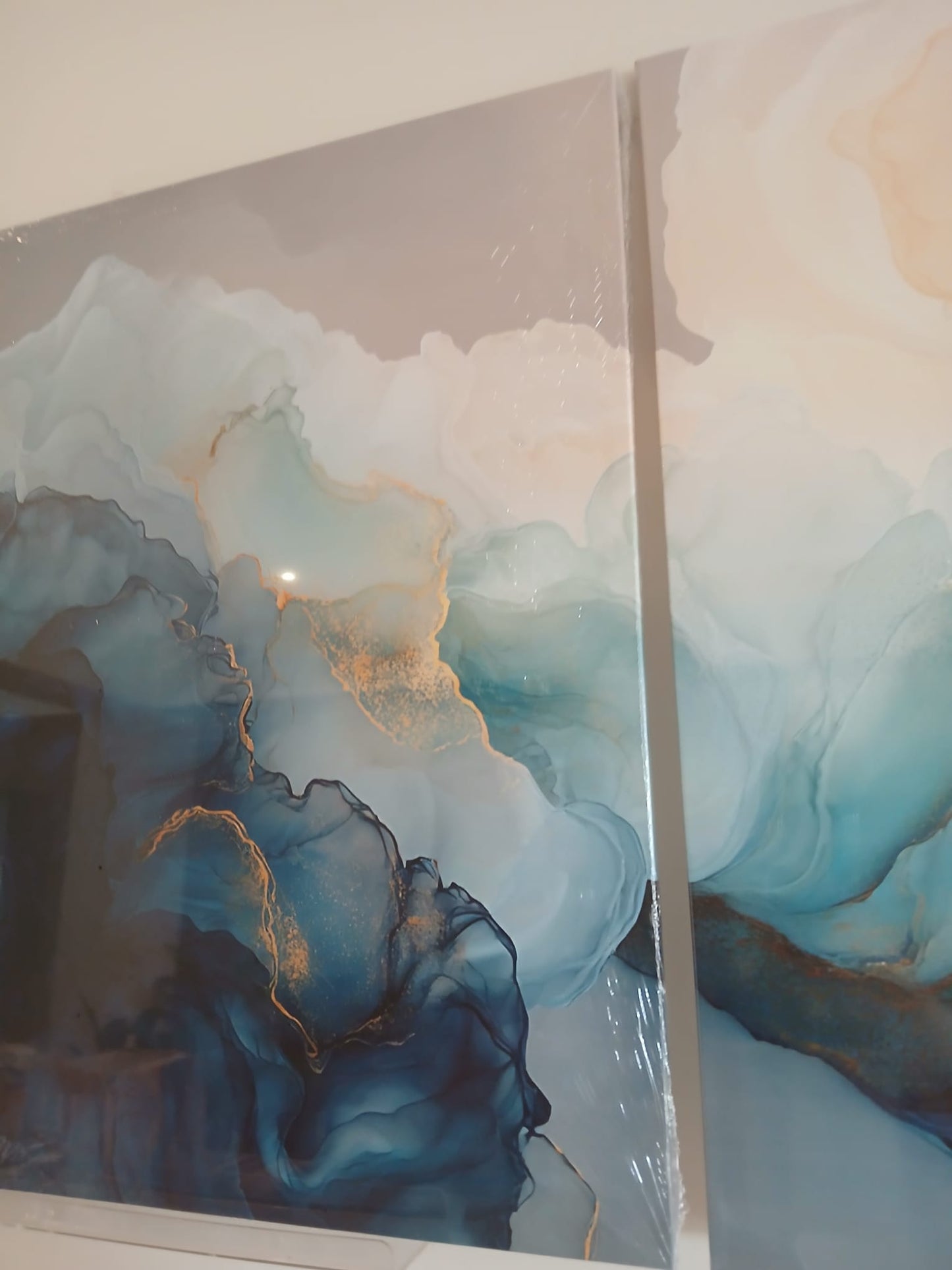 Modern Blue Teal & Gold Abstract Canvas Print Wall Art Set