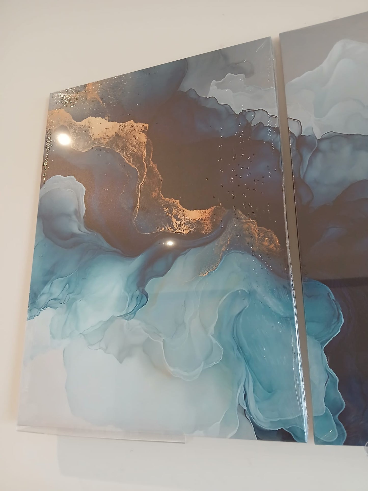 Modern Blue Teal & Gold Abstract Canvas Print Wall Art Set