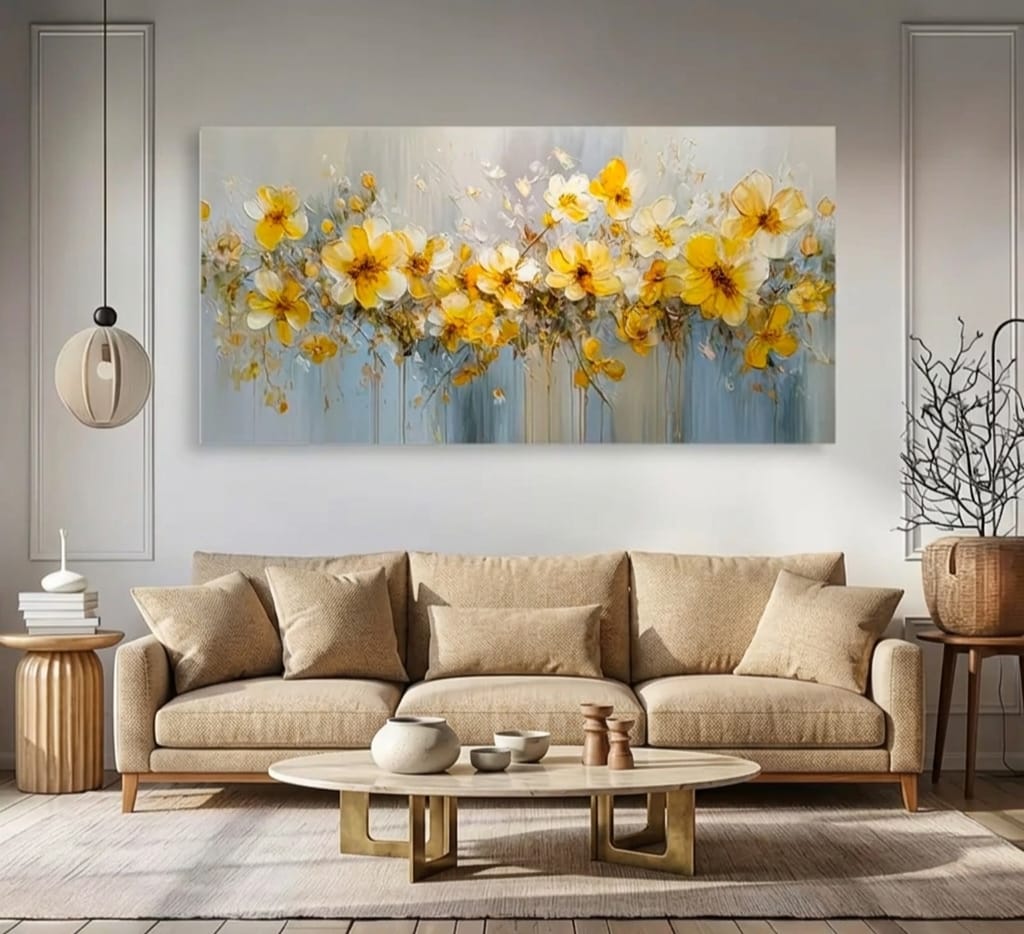Hand Painted Oil Painting Floral Yellow & Blue Gradient Wall Art