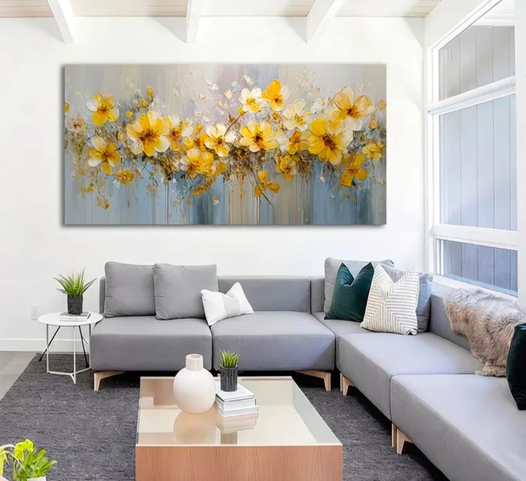 Hand Painted Oil Painting Floral Yellow & Blue Gradient Wall Art