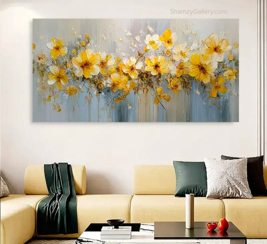 Hand Painted Oil Painting Floral Yellow & Blue Gradient Wall Art