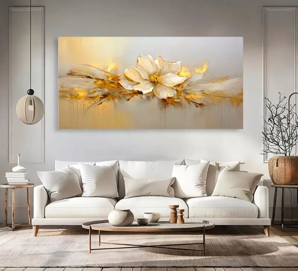 Hand Painted Oil Painting Golden & White Gardenia Floral Art