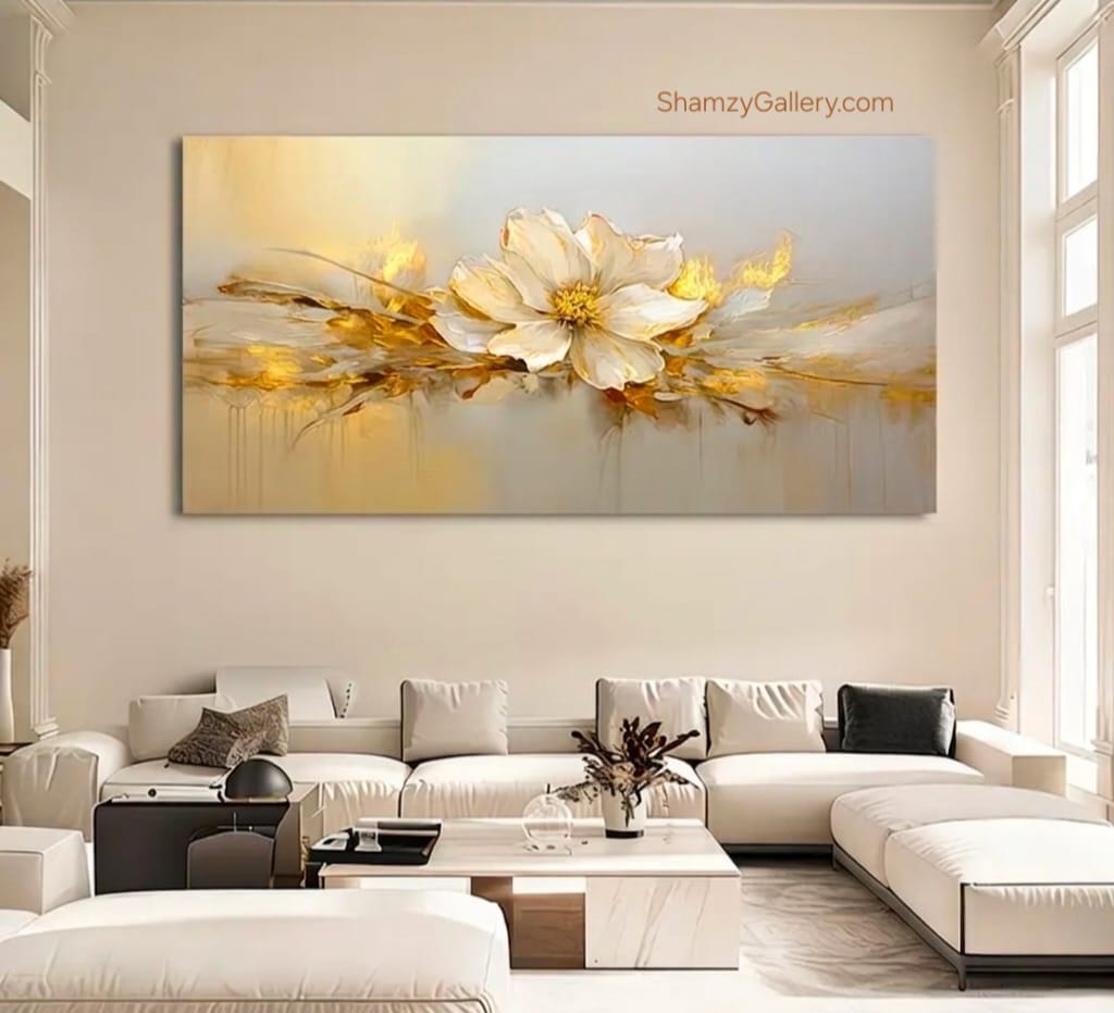 Hand Painted Oil Painting Golden & White Gardenia Floral Art