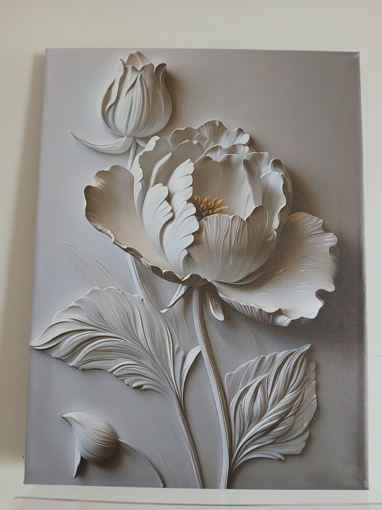 3D Textured Effect - White Floral Canvas Print Wall Art 1pc
