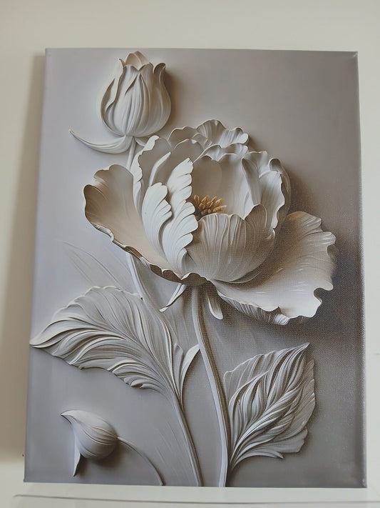 3D Textured Effect - White Floral Canvas Print Wall Art 1pc